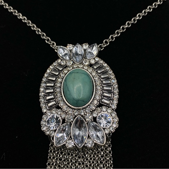Crystal & Faux Turquoise Cabochon Necklace With Chain Dangles - Picture 3 of 9